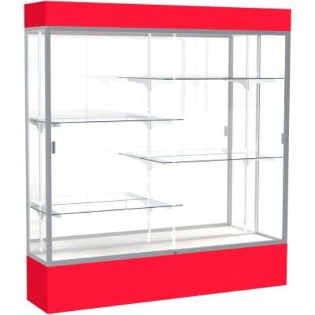 WADDELL DISPLAY CASE OF GHENT Spirit Lighted Display Case 72"W x 80"H x 16"D Mirror Back Satin Finish Red Base & Top 3176MB-SN-RD